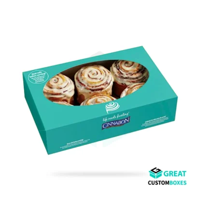 Cinnamon roll packaging for bakery and dessert product boxes