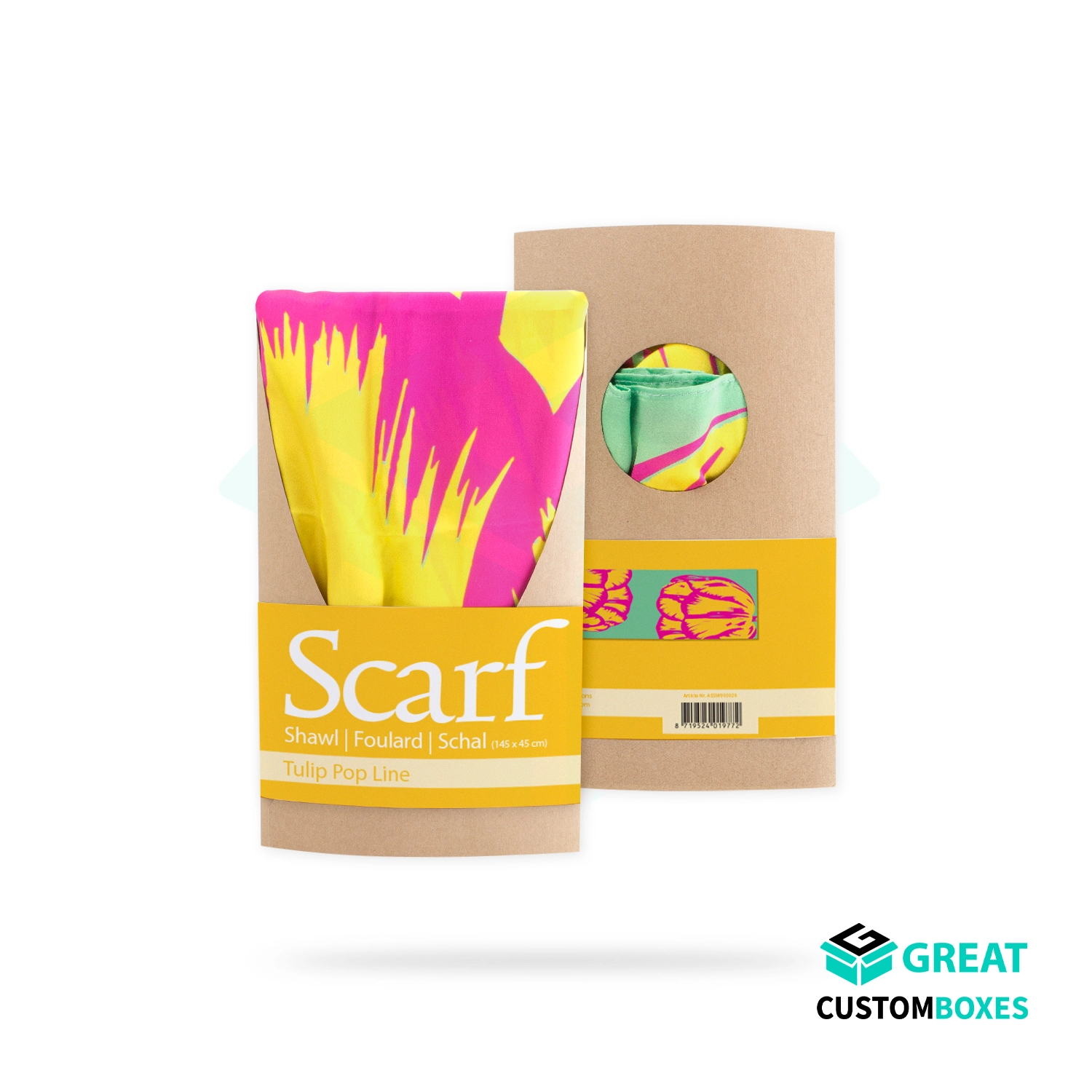 printed scarf packaging with logo for branded retail display