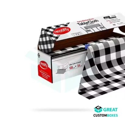printed tablecloth packaging with logo for branded retail display